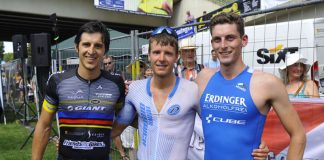 v.l.: Julian Mutterer, Markus Rolli und Florian Angert beim Heidelbergman Triathlon, BASF Triathlon Cup 2017 (Foto: PIX-Sportfotos/ Michael Ruffler)