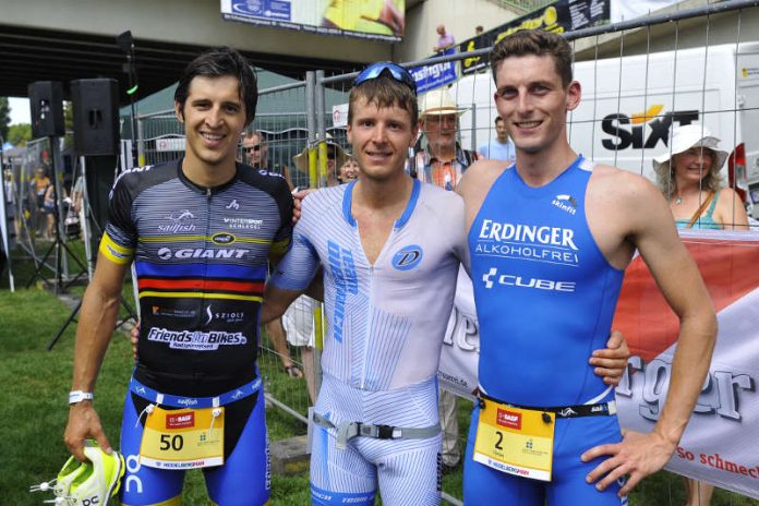 v.l.: Julian Mutterer, Markus Rolli und Florian Angert beim Heidelbergman Triathlon, BASF Triathlon Cup 2017 (Foto: PIX-Sportfotos/ Michael Ruffler)