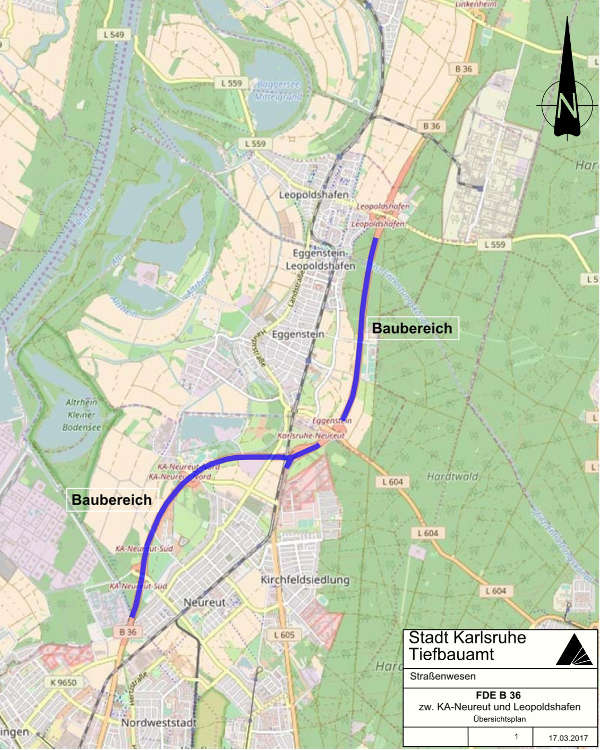 Übersichtsplan zu Strecke und Baubereich der B36 zwischen Neureut und Leopoldshafen. (Grafik: Tiefbauamt)
