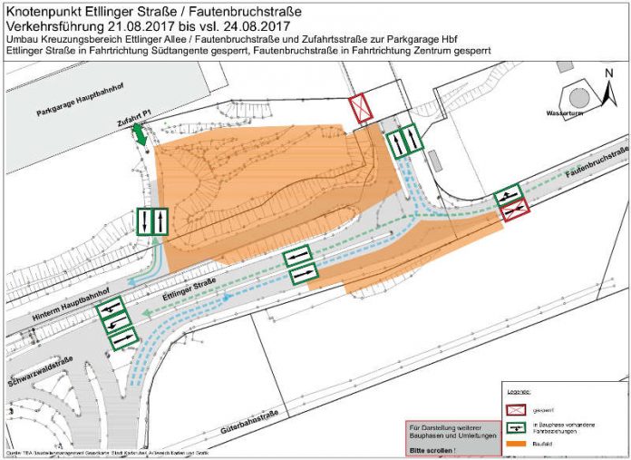 Verkehrsführung Ettlinger Straße/Fautenbruchstraße (pdf) in zwei Abschnitten: 21. bis 24. August und 25. August bis 3. Oktober 2017 (Plan: Stadt Karlsruhe)