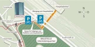 Arbeiten im Glücksteinquartier: Wegeführung zum Hauptbahnhof auf der Seite des Lindenhofs (Grafik: Stadt Mannheim)