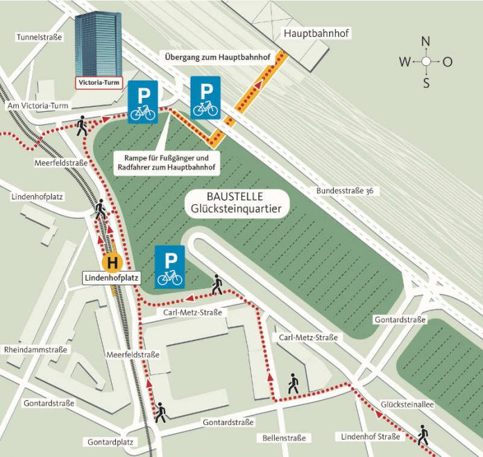 Arbeiten im Glücksteinquartier: Wegeführung zum Hauptbahnhof auf der Seite des Lindenhofs (Grafik: Stadt Mannheim)