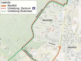 Ab 14. August wird der Verkehr wegen Arbeiten an der L 560 umgeleitet von der Haid-und-Neu-Straße über Hirtenweg, Rintheimer Quer- und Theodor-Heuss-Allee in der Verlängerung L 604 zurück auf die L 560. (Plan: Stadt Karlsruhe)