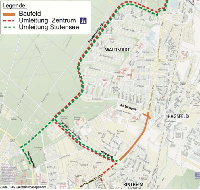 Ab 14. August wird der Verkehr wegen Arbeiten an der L 560 umgeleitet von der Haid-und-Neu-Straße über Hirtenweg, Rintheimer Quer- und Theodor-Heuss-Allee in der Verlängerung L 604 zurück auf die L 560. (Plan: Stadt Karlsruhe)