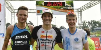 v.l.: Julian Erhardt, Sebastian Kienle und Markus Rolli beim Viernheim Triathlon, BASF Triathlon Cup 2017. (Foto: PIX-Sportfotos)