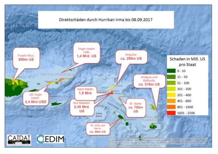 Die von Hurrikan Irma verursachten Schäden in den Karibik-Staaten. (Bild: CEDIM/KIT)