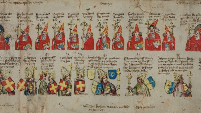 In die Liste der Päpste wurde im Rotulus sogar die legendäre „Päpstin“ aufgenommen. Sie taucht an 108ter Stelle als „Johannes von mencz“ (Johannes von Mainz) auf und unterscheidet sich durch ihre Haarlocken und einen Schleier von den übrigen Päpsten. (Quelle: © Berlin, Staatsbibliothek zu Berlin – Preußischer Kulturbesitz) In die Liste der Päpste wurde im Rotulus sogar die legendäre „Päpstin“ aufgenommen. Sie taucht an 108ter Stelle als „Johannes von mencz“ (Johannes von Mainz) auf und unterscheidet sich durch ihre Haarlocken und einen Schleier von den übrigen Päpsten. (Quelle: © Berlin, Staatsbibliothek zu Berlin – Preußischer Kulturbesitz)