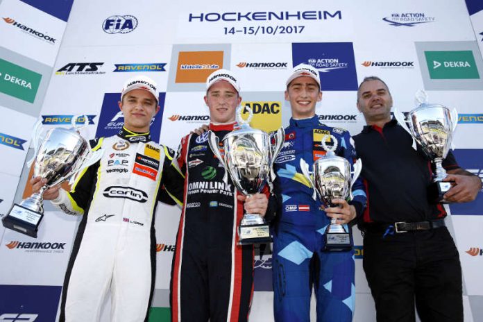 31 Lando Norris (GBR, Carlin, Dallara F317 - Volkswagen), 1 Joel Eriksson (SWE, Motopark, Dallara F317 - Volkswagen), 62 Ferdinand Habsburg (AUT, Carlin, Dallara F317 - Volkswagen), FIA Formula 3 European Championship, round 10, race 1, Hockenheimring (DE) (Foto: FIA Formular 3)