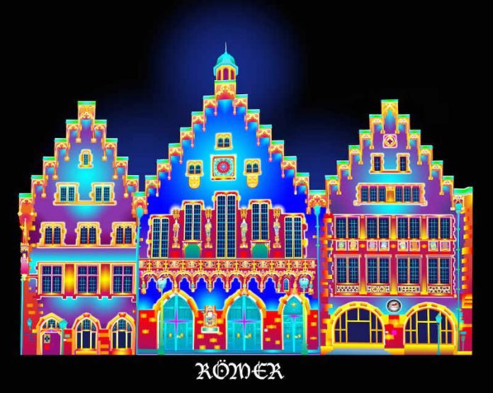 Lichtinstallation von Patrice Warrener am Römer (Foto: Chromolithe / Patrice Warrener) Lichtinstallation von Patrice Warrener am Römer (Foto: Chromolithe / Patrice Warrener)