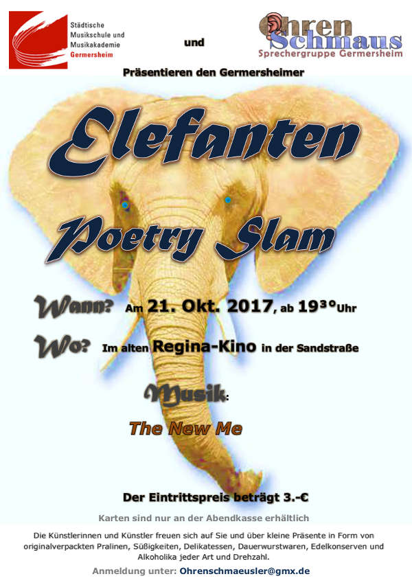Germersheim: Germersheimer Elefanten Poetry Slam am 21. Oktober Veranstaltungsplakat