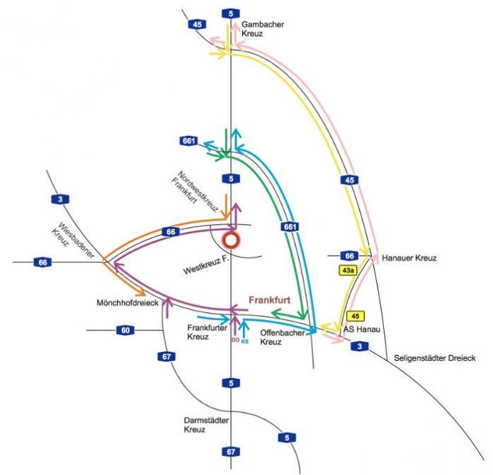 Umleitungen und Sperrung der A5 (Quelle: Hessen Mobil) Umleitungen und Sperrung der A5 (Quelle: Hessen Mobil)
