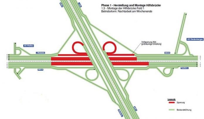 A 3 / A 66 Wiesbadener Kreuz Sperrungen 27.1.2018-28.1.2018 (Quelle: Hessen Mobil 2018)