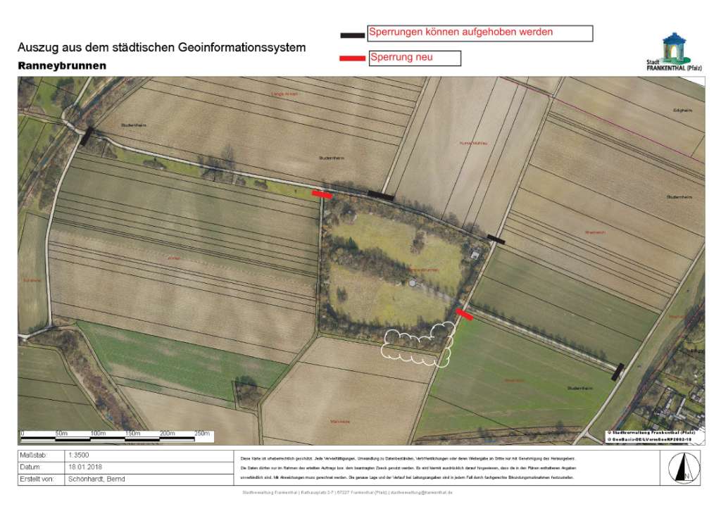 Die Sperrungen (im Plan schwarz markiert) wurden entfernt. Die Bäume im Süden und Osten (weiße Wolke) sind noch zu prüfen, daher die neuen Sperrungen an den unbefestigten Wegen (rot markiert). (Quelle: Stadt Frankenthal)