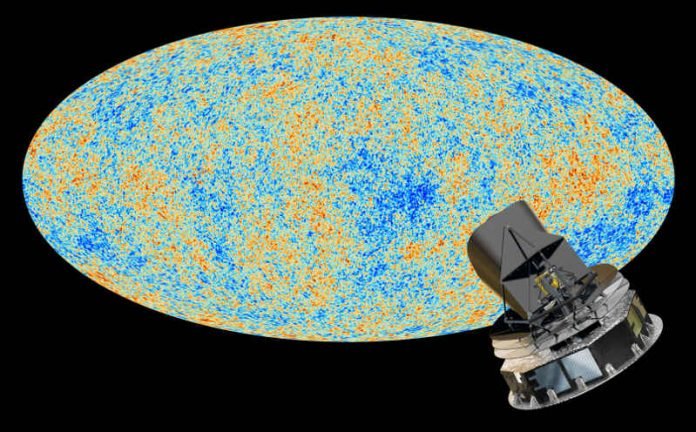 Satellit Planck und der kosmische Mikrowellenhintergrund (Quelle: ESA und die Planck-Kollaboration - D. Ducros)