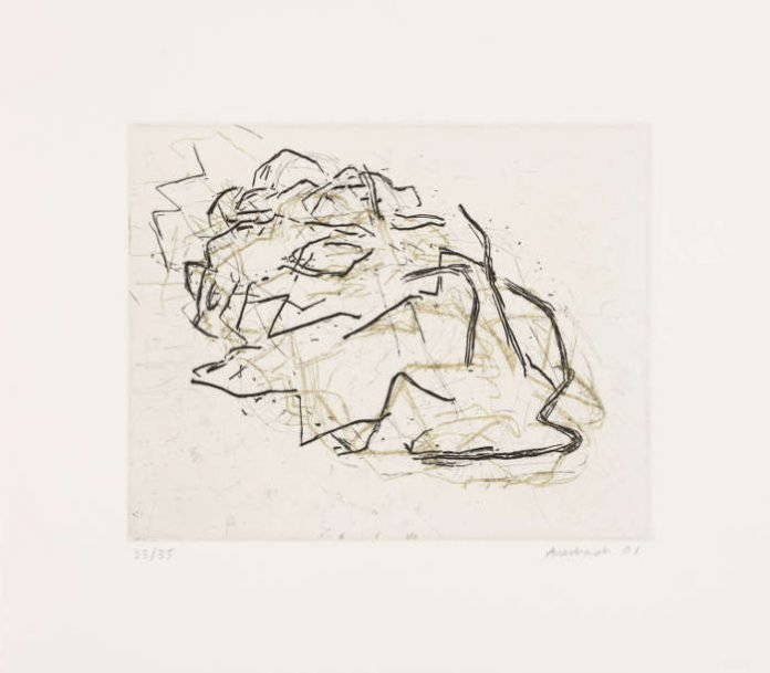 Frank Auerbach (* 1931) Julia Asleep, 2001 Radierung und Aquatinta von zwei Platten in Schwarz über Gold 203 × 252 mm (Platte) Städel Museum, Frankfurt am Main. Erworben 2018 als Schenkung aus Privatbesitz, Köln Foto: Städel Museum – ARTOTHEK © Frank Auerbach, courtesy Marlborough Fine Art