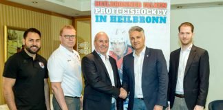 Marco Schütz (Co-Trainer Heilbronner Falken), Ilkka Pakarinen (Development Coach), Marcus Kuhl (Geschäftsführer Eishockey-Leistungszentrum Mannheim e.V.), Atilla Eren (Geschäftsführer Heilbronner Falken), Youri Ziffzer (Teamleiter Adler Mannheim) (Foto: AS-Sportfoto / Sörli Binder)