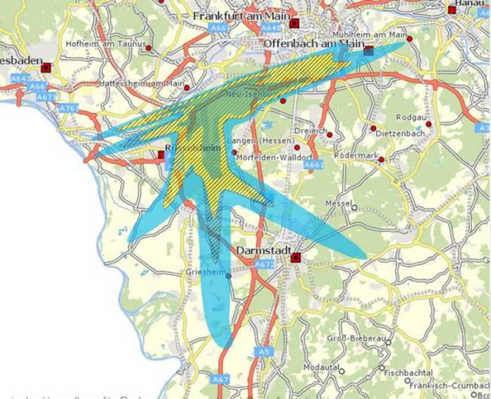 Immobilienbesitzer innerhalb der gelben Zone können Anträge auf baulichen Schallschutz für alle Aufenthaltsräume stellen, Immobilienbesitzer in der blauen Zone für die Schlafräume ihrer Objekte. Anspruchsberechtigt für Zahlungen aus dem Regionalfonds sind Immobilien-Besitzer in allen schraffierten Flächen [Quelle: Geoportal Hessen/Lärmschutzbereiche]