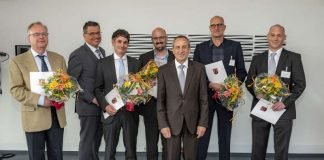 Prof. Dr. Erik Schulte, Prof. Dr. Jens Reinhardt, Prof. Dr. Michael Witthöft, Prof. Dr. Clemens Kilian Weiß, Wissenschaftsminister Prof. Dr. Konrad Wolf, Prof. Jean Ulysses Voelker, Dr. Stefan Wentaschek (Foto: Heike Rost)