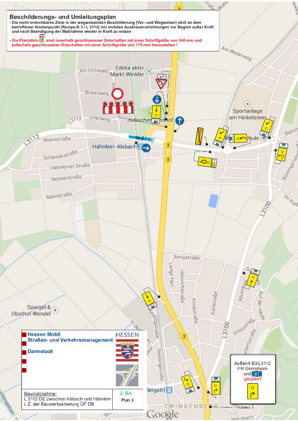 Die Umleitung in Richtung Gernsheim erfolgt über die B 3 in Richtung Zwingenberg, weiter über die L 3100 zurück auf die L 3112 oder über die L 3112 aus Richtung Hähnlein kommend bis zum Hinkelsteinkreisel und dann mittels Wendefahrt zurück auf die B 3. (Quelle: Hessen Mobil)
