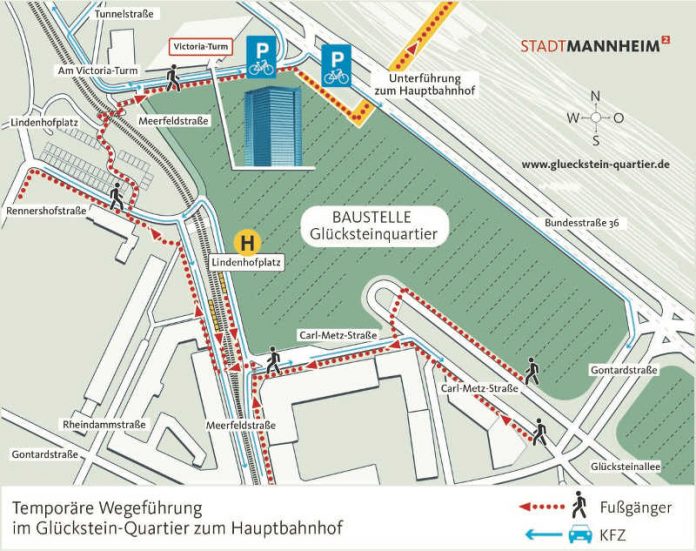 Veränderte Wegeführung im Glückstein-Quartier ab Ende Juni/Anfang Juli 2018 (Quelle: Stadt Mannheim) Veränderte Wegeführung im Glückstein-Quartier ab Ende Juni/Anfang Juli 2018 (Quelle: Stadt Mannheim)