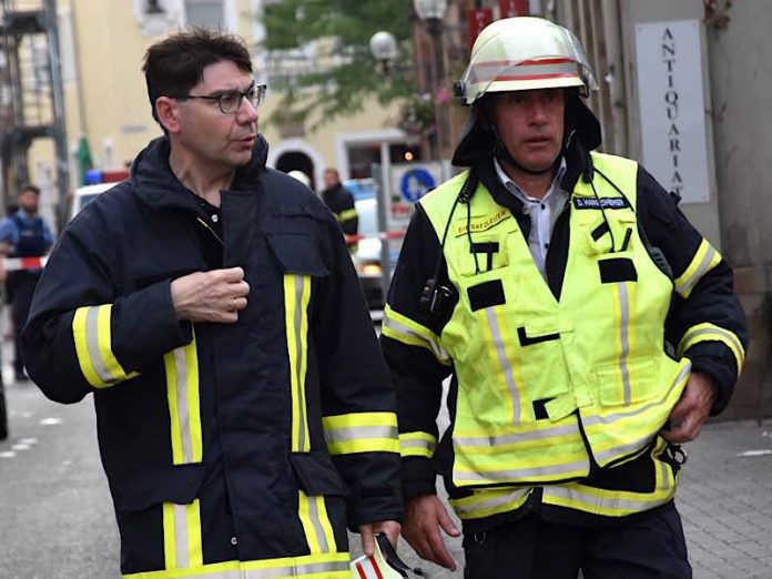 Oberbürgermeister Thomas Hirsch (l.), hier im Gespräch mit Stadtfeuerwehrinspekteur Dirk Hargesheimer, machte sich vor Ort ein Bild von der Einsatzlage. (Foto: Stadt Landau in der Pfalz)