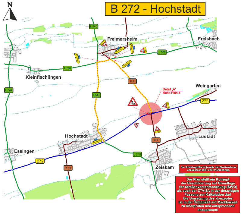 Die Umleitungsstrecke sowie die Vorfahrtsänderung sind entsprechend ausgeschildert, (Quelle: LBM Speyer)