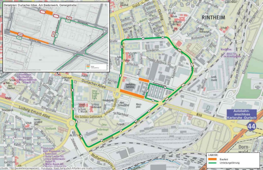 Bedingt durch parallel stattfindende Arbeiten der Stadtwerke und die damit verbundene Sperrung der Gerwigstraße ist eine weiträumige Umfahrung erforderlich. (Quelle: VBK)