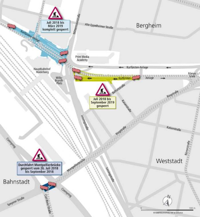 Baustellen in den Sommerferien im Großraum Heidelberg Hauptbahnhof. (Quelle: Kartographie Peh & Schefcik) Baustellen in den Sommerferien im Großraum Heidelberg Hauptbahnhof. (Quelle: Kartographie Peh & Schefcik)