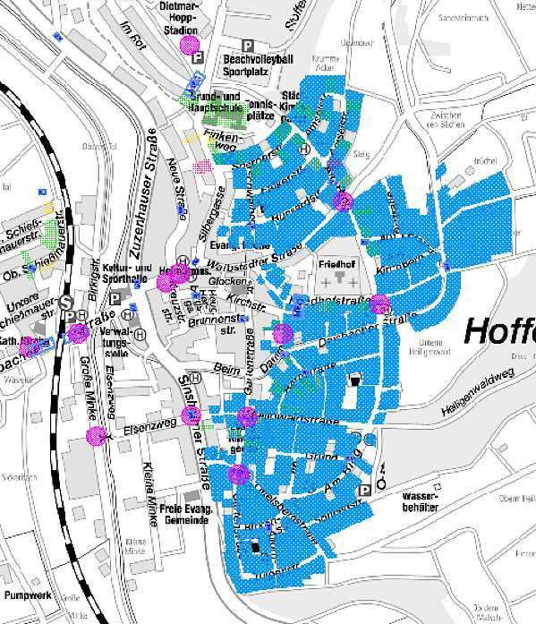 Blau eingefärbte Fläche stellt den FTTC-Ausbau Hoffenheim-Ost dar (Quelle: Stadt Sinsheim)