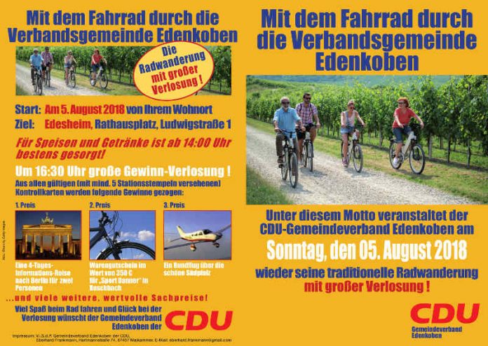 Edenkoben: Radwanderung CDU-Gemeindeverband Edenkoben am 05.08.2018 Veranstaltungshinweis