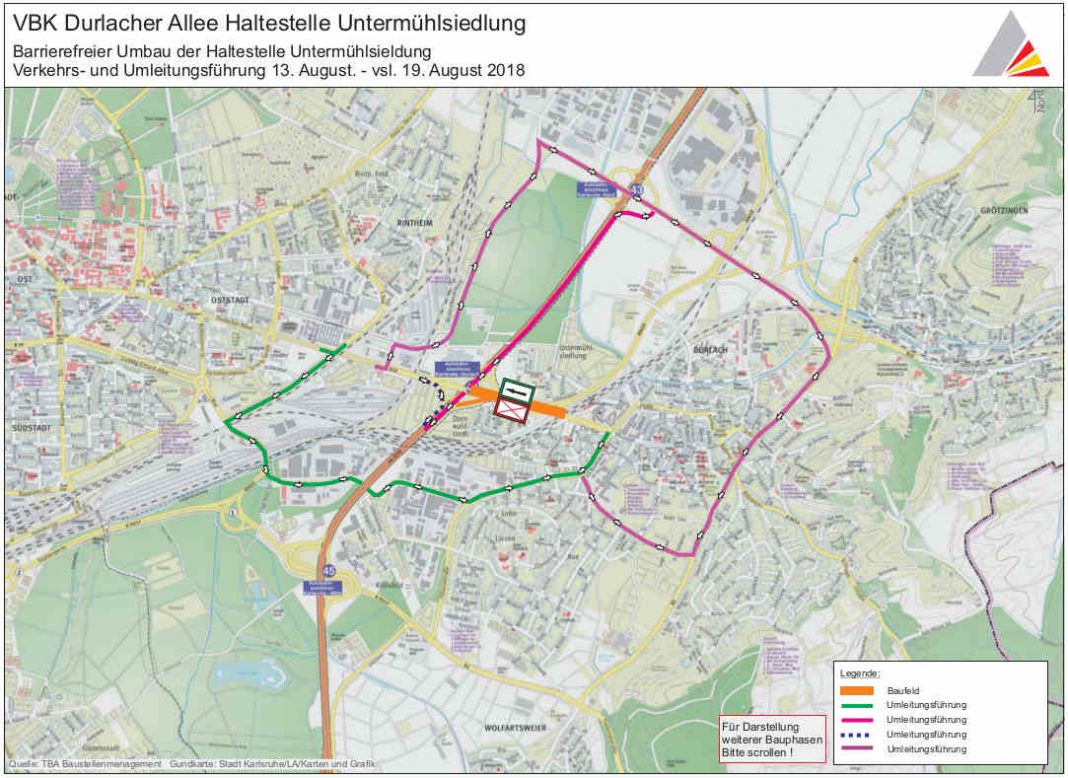 Umleitungsroute für den Individualverkehr (Quelle: Tiefbauamt Karlsruhe)