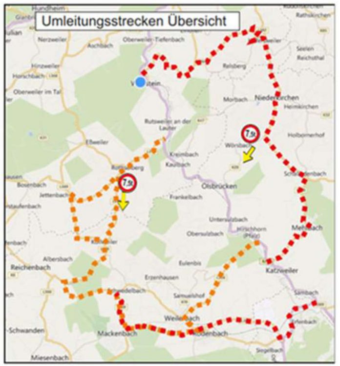 Ausgeschilderte Umleitungsstrecken (Quelle: LBM Kaiserslautern) Ausgeschilderte Umleitungsstrecken (Quelle: LBM Kaiserslautern)