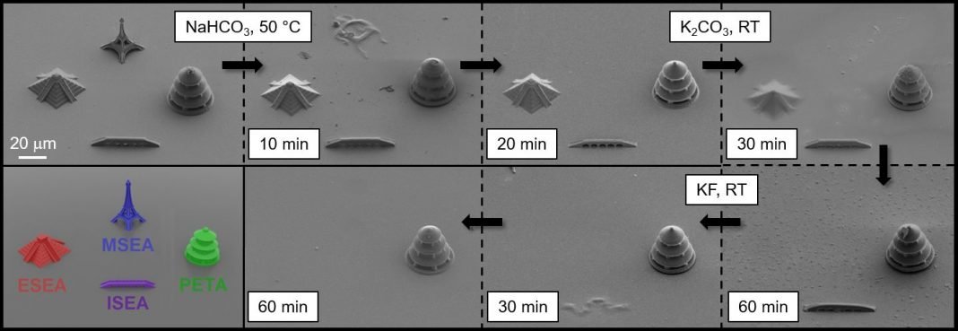 Dreidimensionale Mikrostrukturen aus verschiedenen spaltbaren Fotolacken. Die Rasterelektronenmikroskopaufnahmen zeigen den selektiven Abbau der Strukturen. (Skalierung 20 µm) (Abb.: Nature Communications)