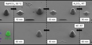 Dreidimensionale Mikrostrukturen aus verschiedenen spaltbaren Fotolacken. Die Rasterelektronenmikroskopaufnahmen zeigen den selektiven Abbau der Strukturen. (Skalierung 20 µm) (Abb.: Nature Communications)