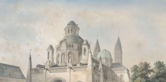 Ansicht des Westbaus von Franz Iganz Neumann (1772-1778), Lithographie von Bachelier um 1840, gedruckt bei Lemercier in Paris (Quelle: Historisches Museum der Pfalz Speyer, Foto: Kurt Diehl)