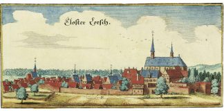 Matthias Merian d. Ä., Kloster Lorsch, Zustand vor 1621, kolorierter Kupferstich (Quelle: VSG)