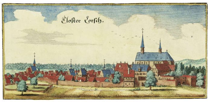 Matthias Merian d. Ä., Kloster Lorsch, Zustand vor 1621, kolorierter Kupferstich (Quelle: VSG)