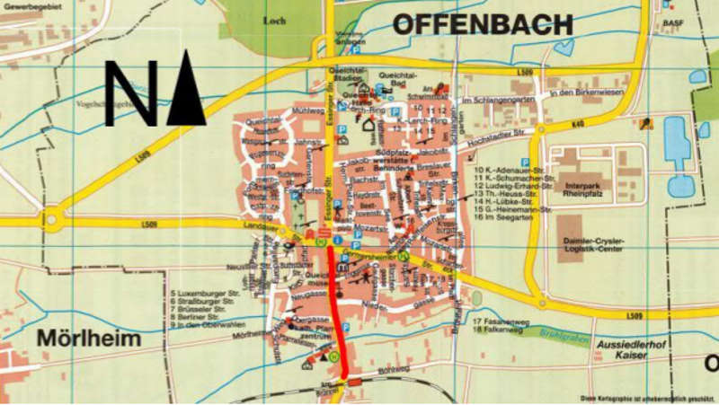 Die gesperrte Strecke ist rot eingezeichnet (Quelle: LBM Speyer)