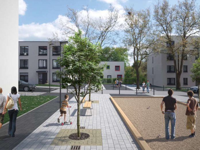 Der Patio-Platz soll nach seiner Fertigstellung zum generationenübergreifenden Treffpunkt des Quartiers werden. (Entwurf: Ingenieurbüro Thiele Objektplanung GmbH) Der Patio-Platz soll nach seiner Fertigstellung zum generationenübergreifenden Treffpunkt des Quartiers werden. (Entwurf: Ingenieurbüro Thiele Objektplanung GmbH)