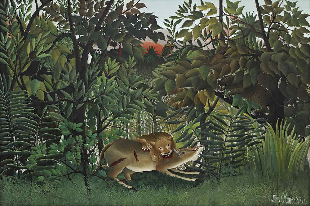 Henri Rousseau, Le lion, ayant faim, se jette sur l'antilope, 1898 – 1905, Oil on Canvas, 200 x 301 cm, Fondation Beyeler, Riehen/Basel, Sammlung Beyeler (Foto: Robert Bayer, Basel)