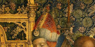 Hl. Simeon mit Christuskind, Ausschnitt aus „Die Darbringung im Tempel“ Stefan Lochner, Köln, 1447 (Foto: HLMD, Foto: Wolfgang Fuhrmannek, HLMD)