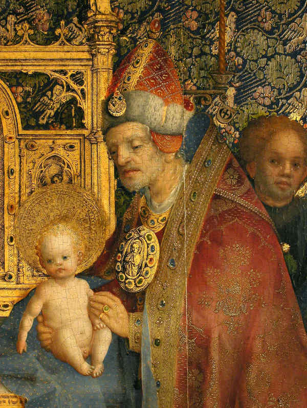 Hl. Simeon mit Christuskind, Ausschnitt aus „Die Darbringung im Tempel“ Stefan Lochner, Köln, 1447 (Foto: HLMD, Foto: Wolfgang Fuhrmannek, HLMD)