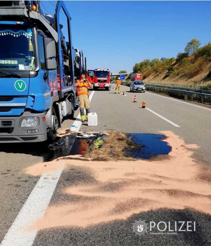 An dem Pannen-Lkw liefen Betriebsstoffe aus und verteilten sich quer über die Fahrbahn. An dem Pannen-Lkw liefen Betriebsstoffe aus und verteilten sich quer über die Fahrbahn.