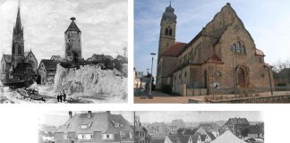 Storchenturm 1906 am alten Standort (o.l.), Katholische Kirche (o.r.), Alter Marktplatz 1920 (u.) (Fotos: Verbandsgemeinde Eisenberg)