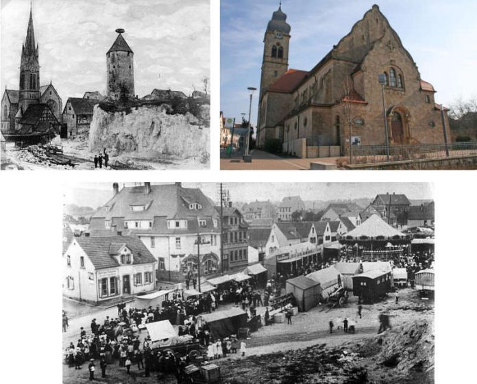 Storchenturm 1906 am alten Standort (o.l.), Katholische Kirche (o.r.), Alter Marktplatz 1920 (u.) (Fotos: Verbandsgemeinde Eisenberg)