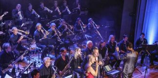 Begeisterte die 600 Gäste des Gala-Konzertes: die BigBand des Landratsamtes Karlsruhe mit Stargast Marc Marshall und Sängerin Tanja Frank (beide Bildmitte). Foto: Fabry