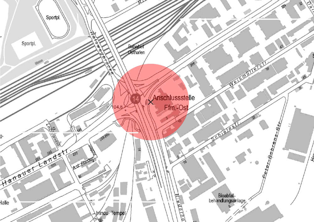 Lagekarte - Fund einer Weltkriegsbombe (Quelle: Stadtvermessungsamt Frankfurt)