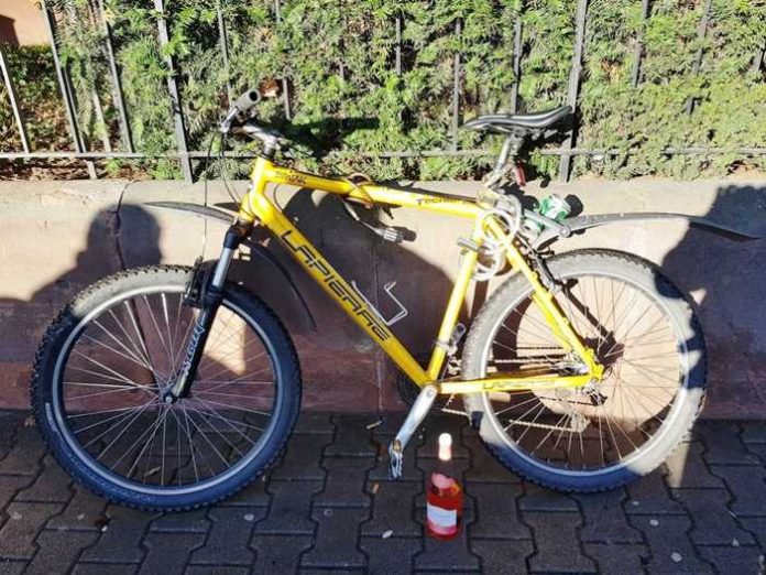 Radfahrer - Hand an Weinflasche, statt am Lenker Radfahrer - Hand an Weinflasche, statt am Lenker