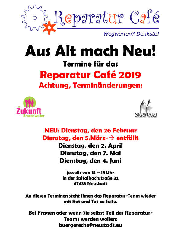 Termine Reparatur Café (Quelle: Stadtverwaltung Neustadt)