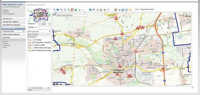 Seit Kurzem auf dem GeoPortal der Stadt Landau verfügbar: Eine interaktive Baustellenkarte, mit der sich Verkehrsteilnehmerinnen und Verkehrsteilnehmer über aktuelle Verkehrsbehinderungen sowie deren geplante Dauer informieren können. (Quelle: Stadt Landau in der Pfalz)